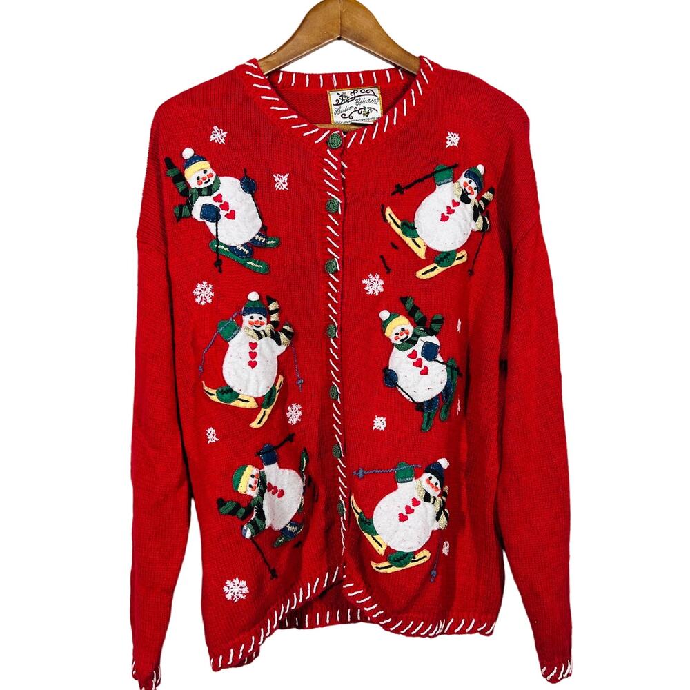 Vintage Christmas Sweater Heirloom Collectibles Snowman Cardigan Button Red - L